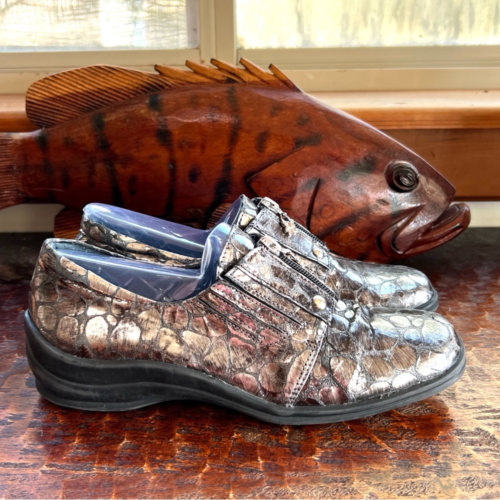 Helle Comfort Lagenlook Silver Croc Embossed Loafers Shoes 👞 Made in Spain